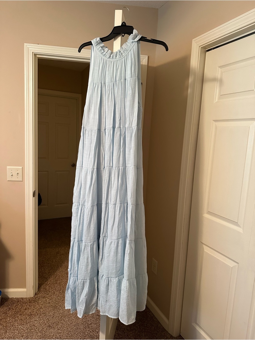 indigo soul Light Blue Tiered Maxi Dress with Ruffled Neckline